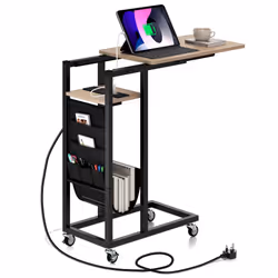 C-shaped Couch Side Table with Charging Station Rolling Bedside Table