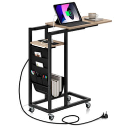 C-shaped Couch Side Table with Charging Station Rolling Bedside Table