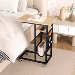 C-shaped Couch Side Table with Charging Station Rolling Bedside Table