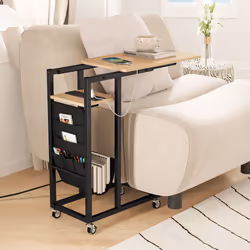 C-shaped Couch Side Table with Charging Station Rolling Bedside Table