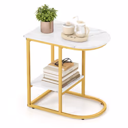 C-shaped End Table Modern Sofa Side Table with Storage Shelf-White