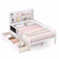 Double Size Bed Frame w/ 2 Storage Drawers Wooden Slats Support Bed for Kids White