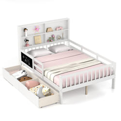 Double Size Bed Frame w/ 2 Storage Drawers Wooden Slats Support Bed for Kids White
