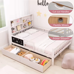Double Size Bed Frame w/ 2 Storage Drawers Wooden Slats Support Bed for Kids White
