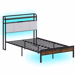 Double Size Metal Bed Frame w/ LED Light & Charging Station-Brown
