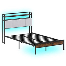 Double Size Metal Bed Frame w/ LED Light & Charging Station-Brown