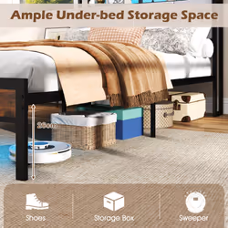 Double Size Metal Bed Frame w/ LED Light & Charging Station-Brown
