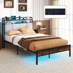 Double Size Metal Bed Frame w/ LED Light & Charging Station-Brown