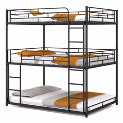 Double Size Triple Bunk Bed with 2 Ladders Metal Low Bunk Bed Frame