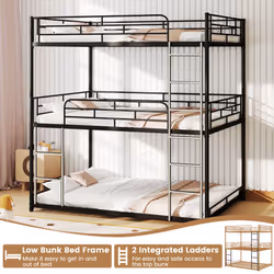 Double Size Triple Bunk Bed with 2 Ladders Metal Low Bunk Bed Frame