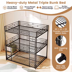 Double Size Triple Bunk Bed with 2 Ladders Metal Low Bunk Bed Frame