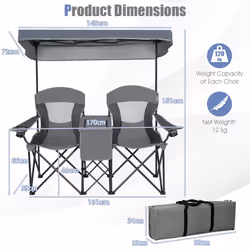 Double Sunshade Folding Chairs 2-Person Camping Fishing Chairs-Grey