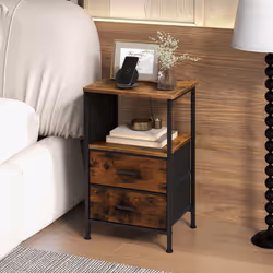 End Table Nightstand with Charging Station Industrial Bedside Table W/ 2 Drawers