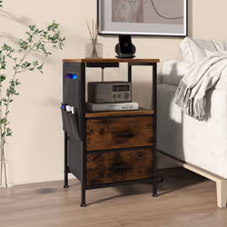 End Table Nightstand with Charging Station Industrial Bedside Table W/ 2 Drawers