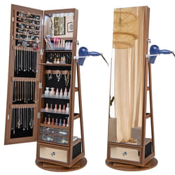 Floor Standing Swivel Jewelry Cabinet Lockable Jewelry Armoire w/ Full-Length Mirror &Lights