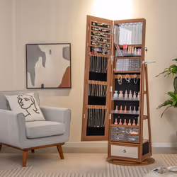 Floor Standing Swivel Jewelry Cabinet Lockable Jewelry Armoire w/ Full-Length Mirror &Lights