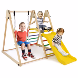 Foldable Wooden Climbing Toys with Swing & Slide Indoor Kids Climber Playset-Multicolor