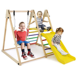 Foldable Wooden Climbing Toys with Swing & Slide Indoor Kids Climber Playset-Multicolor