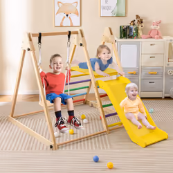 Foldable Wooden Climbing Toys with Swing & Slide Indoor Kids Climber Playset-Multicolor