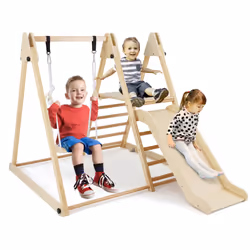 Foldable Wooden Climbing Toys with Swing & Slide Indoor Kids Climber Playset-Natural