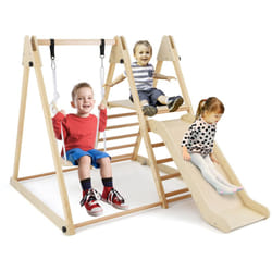 Foldable Wooden Climbing Toys with Swing & Slide Indoor Kids Climber Playset-Natural