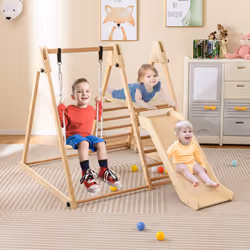 Foldable Wooden Climbing Toys with Swing & Slide Indoor Kids Climber Playset-Natural