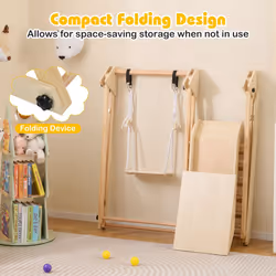 Foldable Wooden Climbing Toys with Swing & Slide Indoor Kids Climber Playset-Natural
