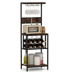 Freestanding Wine Rack Floor Wine Bar Cabinet w/ Glass Racks-Brown