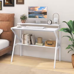 Home Office Desk Space Saving Computer Desk w/ Monitor Stand-White