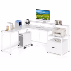 L-shaped Desk Home Office Desk with File Drawer & Power Outlet-White
