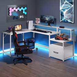 L-shaped Desk Home Office Desk with File Drawer & Power Outlet-White