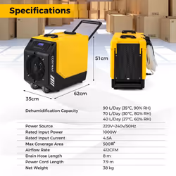 90L/Day Rotational Molded Industrial Dehumidifier w/ Pump-Yellow