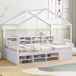Single Size House Bed Wooden Platform Bed Frame with Roof-White