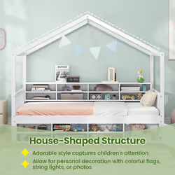 Single Size House Bed Wooden Platform Bed Frame with Roof-White