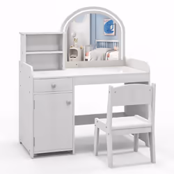 Kids Vanity Table Chair Set Lighted Mirror Storage Drawer Cabinet