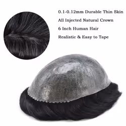 Toupee For Men Hair Piece European Human Hair Mens Toupee Injected PU Hair Replacement System Natural Hairline Gray Hair Pieces For Men(8x10''-120% Me