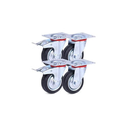 H&S 4 Castor Wheels Heavy Duty 75mm Rubber Swivel Trolley Furniture Caster with Brakes Black