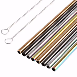 H&S 8 Metal Straws Reusable Coloured Stainless Steel Drinking Straws 2 Cleaning Brush Cleaner for Smoothie Hot Drinks with Bag Rainbow