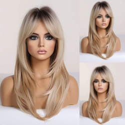 Alanhair Long Ombre Blonde Wigs for Women HAIRCUBE Layered Synthetic Wig with Bangs Heat Resistant Fiber Daily 24 Inch