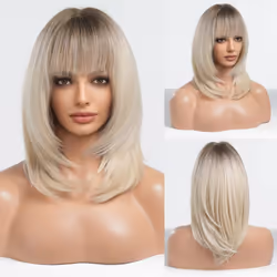 Alanhair Ombre Blonde Wigs for Women HAIRCUBE Shoulder-Length Layered Wigs with Bangs Heat Resistant Synthetic Wigs for Daily ...