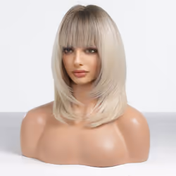 Alanhair Ombre Blonde Wigs for Women HAIRCUBE Shoulder-Length Layered Wigs with Bangs Heat Resistant Synthetic Wigs for Daily Party Use
