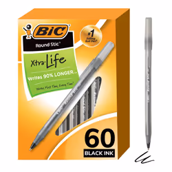 Round Stic Xtra Life Ballpoint Pens, Medium Point (1.0mm), Black, 60-Count Pack, Flexible Round Barrel For Writing Comfort (G ...