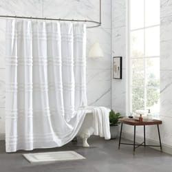 DKNY Chenille Stripe 100% Cotton Fabric Shower Curtain for Bathroom  72 x 72 inches  White