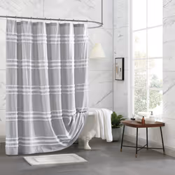 DKNY Chenille Stripe 100% Cotton Fabric Shower Curtain for Bathroom  72 x 72 inches  Grey