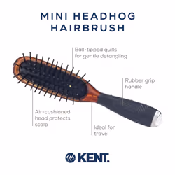Kent KB Minihog Headhog Detangling Travel Hair Brush  Black Rubber Cushion Detangler Brush and Scalp Brush with Firm Rounded Plastic Bristles for Wome