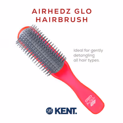 Kent AHGLO01 Airhedz Glo Red Half Round Narrow Detangling Hair Brush - 9 Row Ionic Anti Static Non Scratch Long Nylon Bristle Great for Detangling and