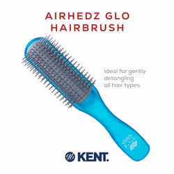 Kent AHGLO01 Airhedz Glo Blue Half Round Narrow Detangling Hair Brush - 9 Row Ionic Anti Static Non Scratch Long Nylon Bristle Great for Detangling an
