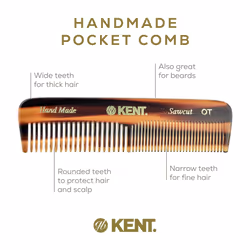Kent OT Pocket Comb - 4.4"""" Fine and Wide Tooth Handmade Hair Comb for Men  Travel  Beard  Mustache  Women and Kids - Saw Cut and Hand Polished