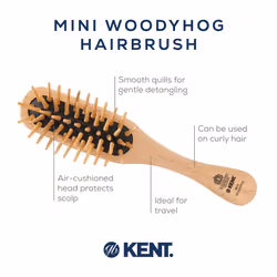 Kent KB MiniWoodyhog Travel Size Detangling Brush Beech-wood Travel Brush  Firm Rounded Wooden Bristles Natural Cushion Detangler Wooden Hair Brush fo