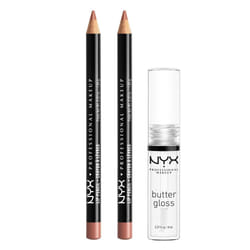 NYX PROFESSIONAL MAKEUP Slim Lip Pencil (Peakaboo Neutral) + Butter Gloss (Sugar Glass  Clear)  3-Pack Bundle
